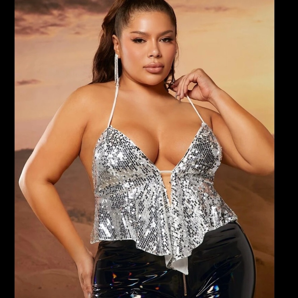 SHEIN | Women's Plus Silver Sequin Asymmetrical Hem Backless Halter Top | XXL